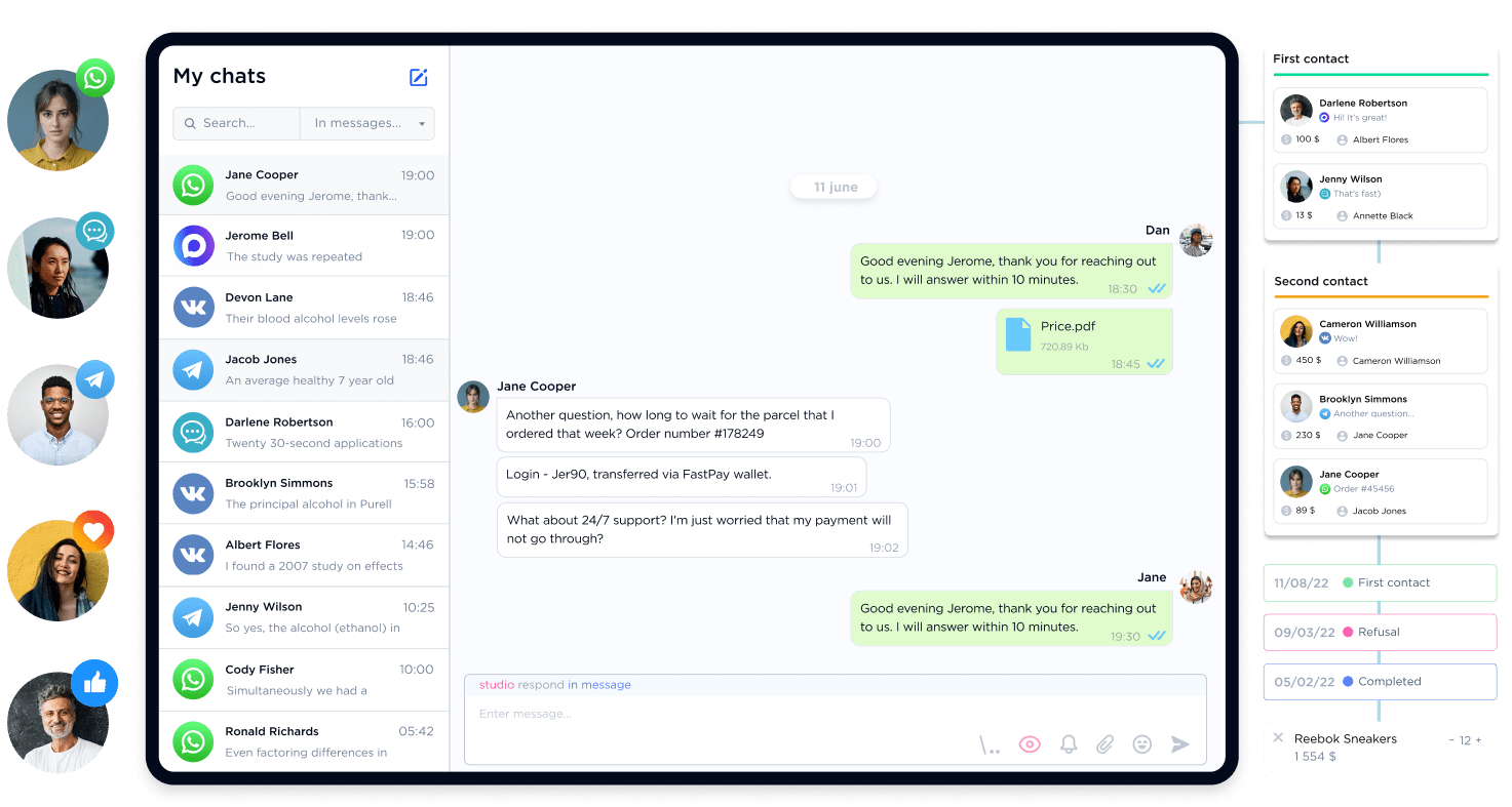 Интерфейс Umnico с диалогами из нескольких каналов связи